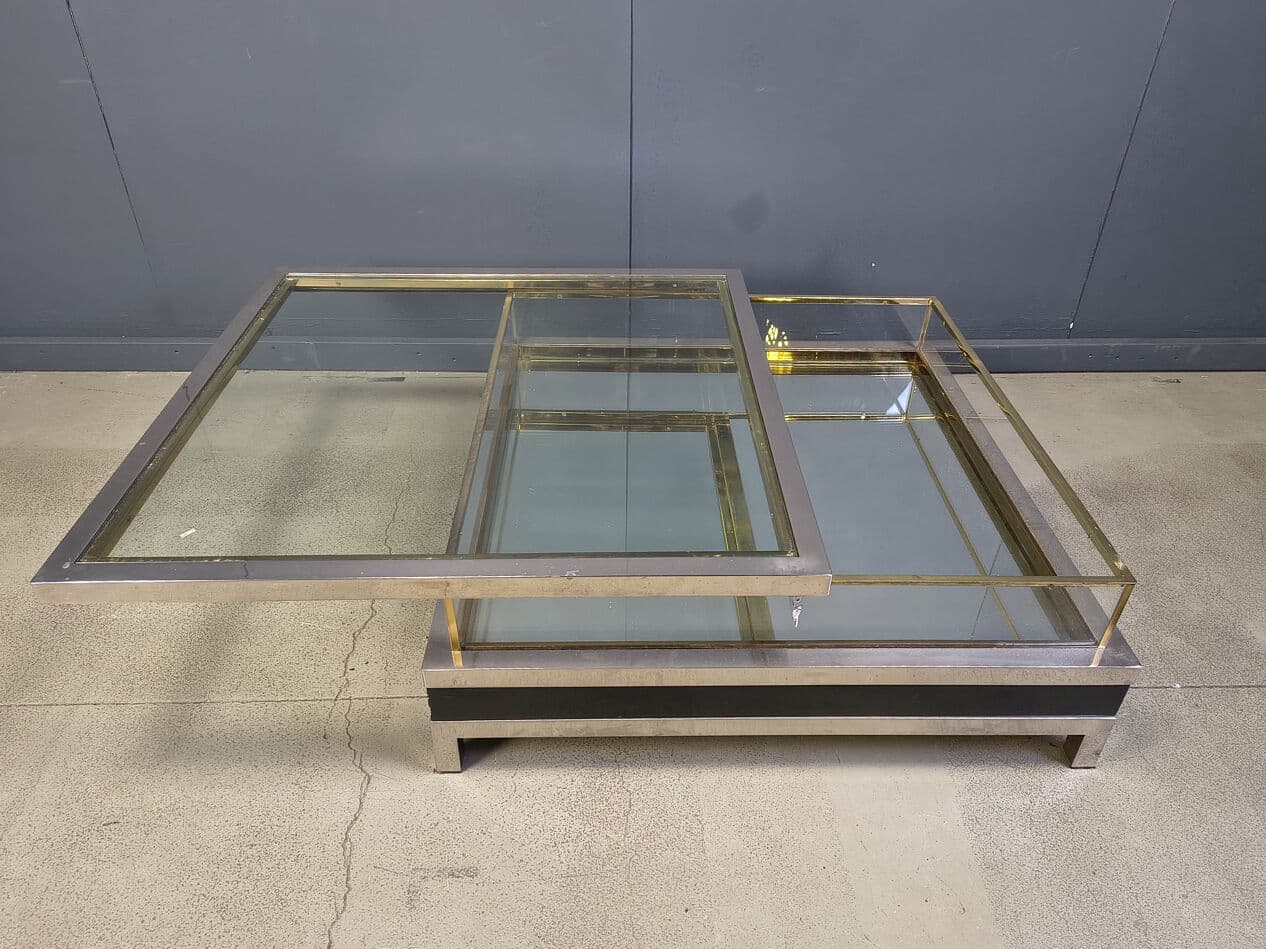 Coffee table, black, glass steel brass, France, 1970s. - 275215