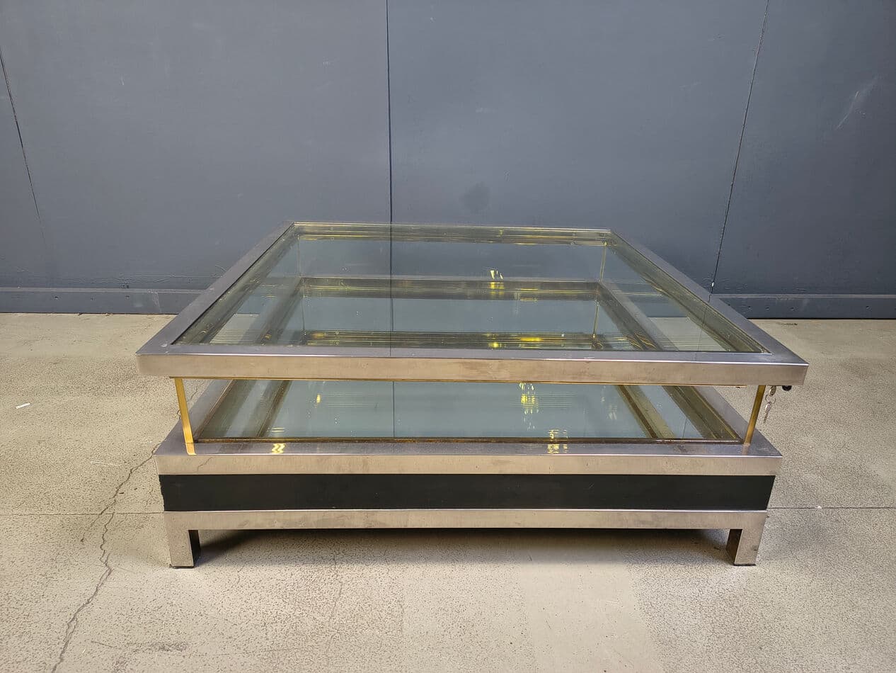 Coffee table, black, glass steel brass, France, 1970s. - 275220