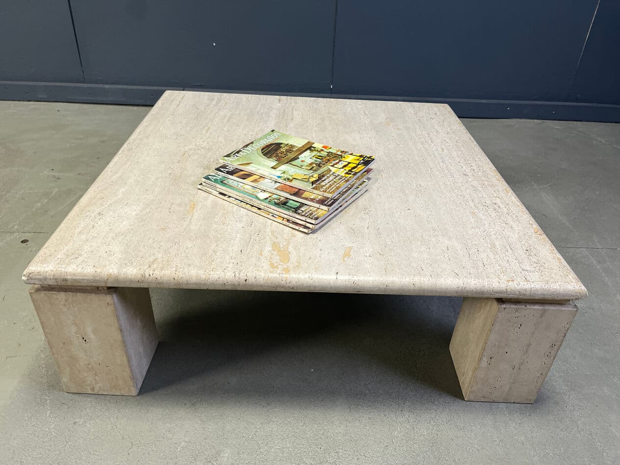 Square coffee table, beige travertine, Italy, 1970s. - 275105