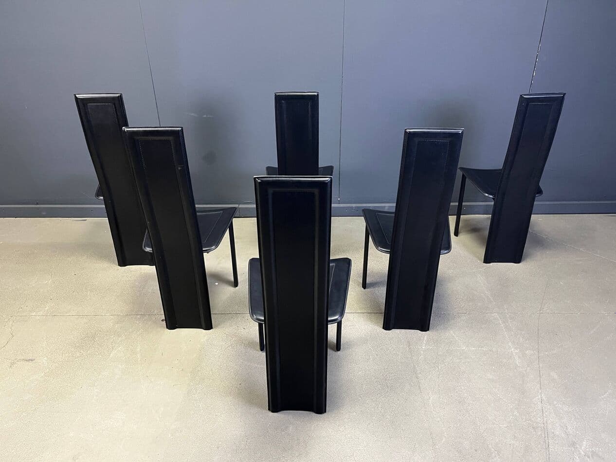 Set of Six Dining Chairs, black leather, Italy, 1980s. - 275070