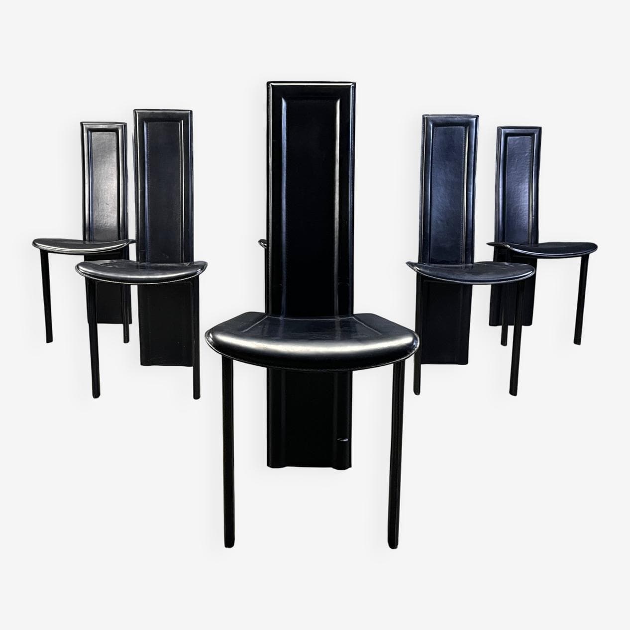 Set of Six Dining Chairs, black leather, Italy, 1980s. - 275078