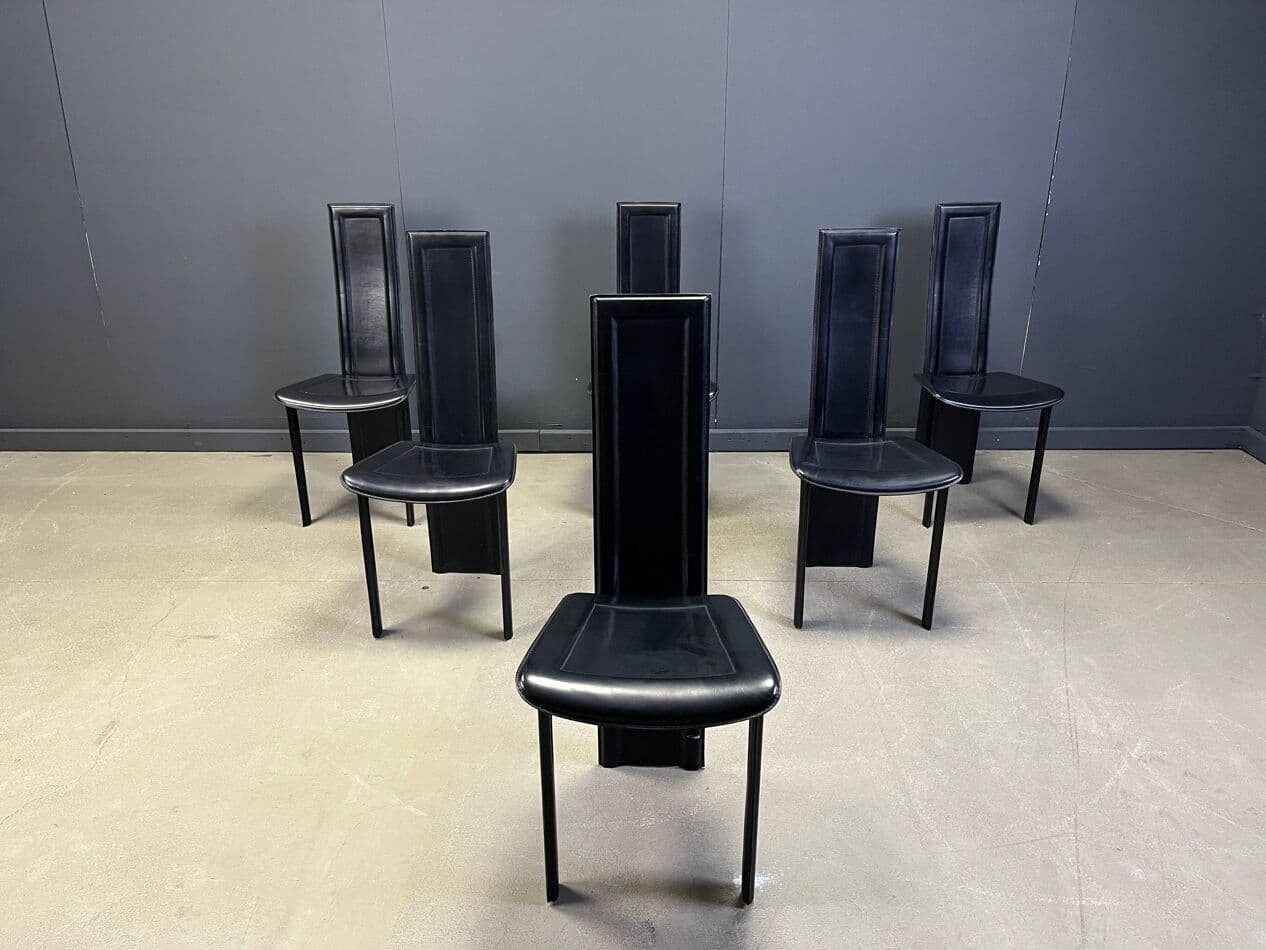 Set of Six Dining Chairs, black leather, Italy, 1980s. - 275075
