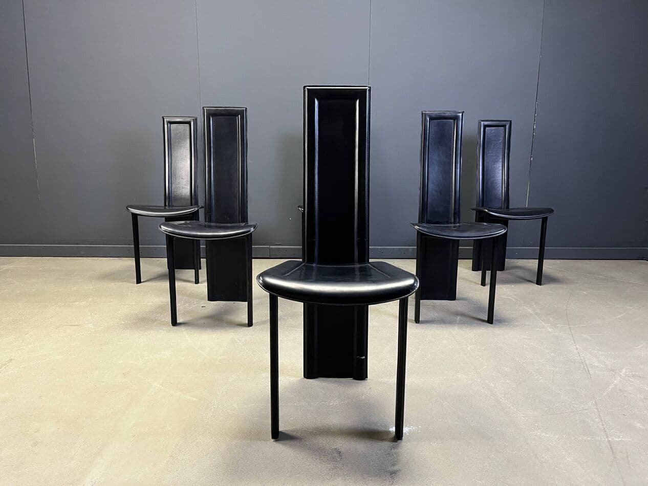 Set of Six Dining Chairs, black leather, Italy, 1980s. - 275077