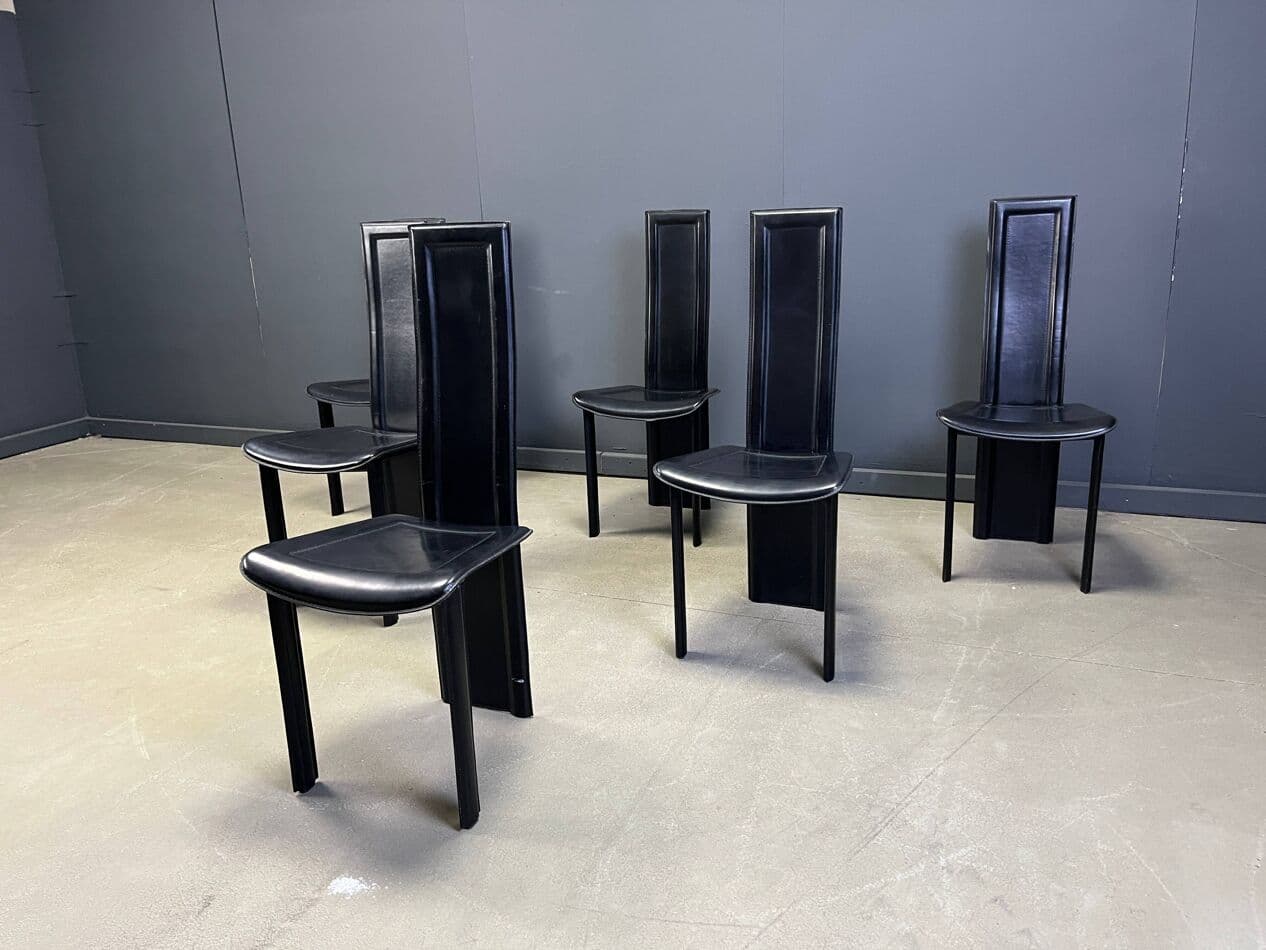 Set of Six Dining Chairs, black leather, Italy, 1980s. - 275074