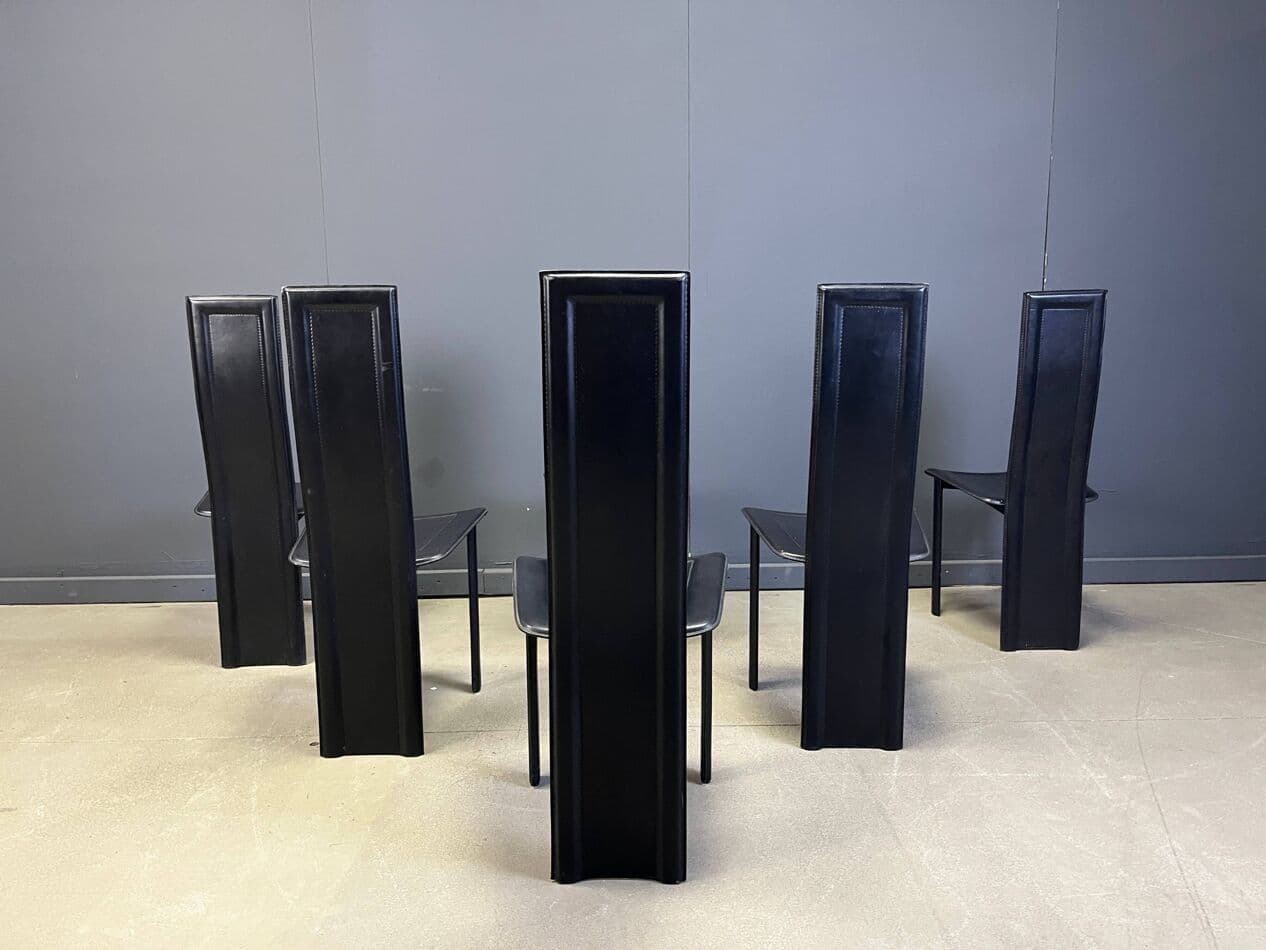 Set of Six Dining Chairs, black leather, Italy, 1980s. - 275073
