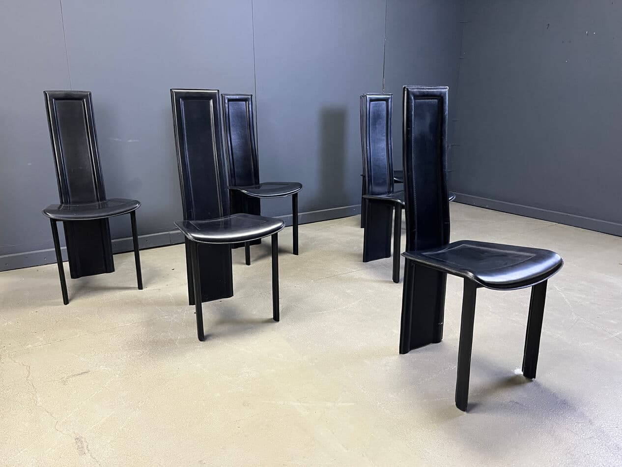 Set of Six Dining Chairs, black leather, Italy, 1980s. - 275076
