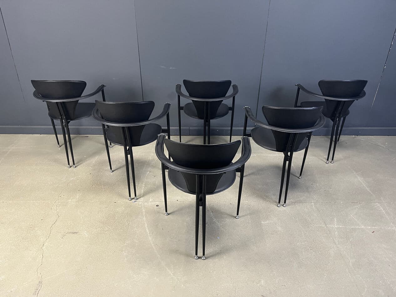 Set of Six Dining Chairs, black leather, black metal, Arrben, Italy, 1980s. - 275048