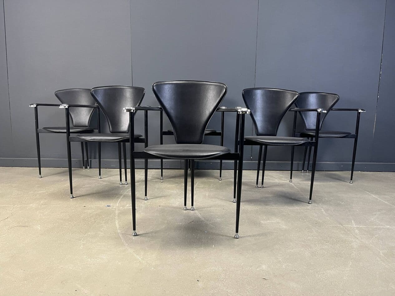 Set of Six Dining Chairs, black leather, black metal, Arrben, Italy, 1980s. - 275051