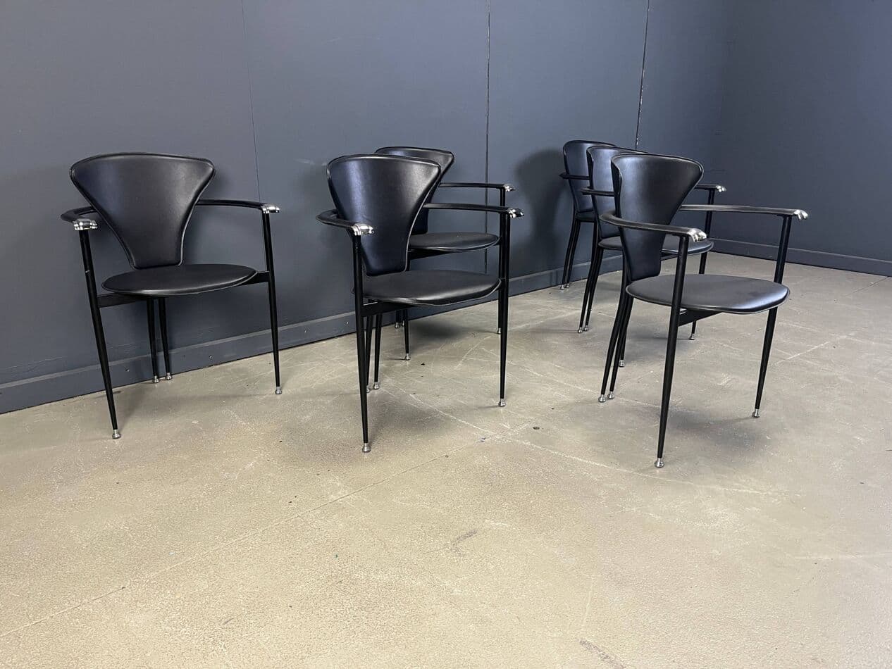Set of Six Dining Chairs, black leather, black metal, Arrben, Italy, 1980s. - 275054