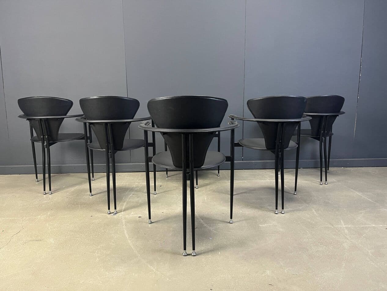 Set of Six Dining Chairs, black leather, black metal, Arrben, Italy, 1980s. - 275046