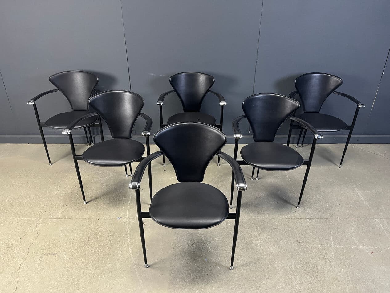 Set of Six Dining Chairs, black leather, black metal, Arrben, Italy, 1980s. - 275053