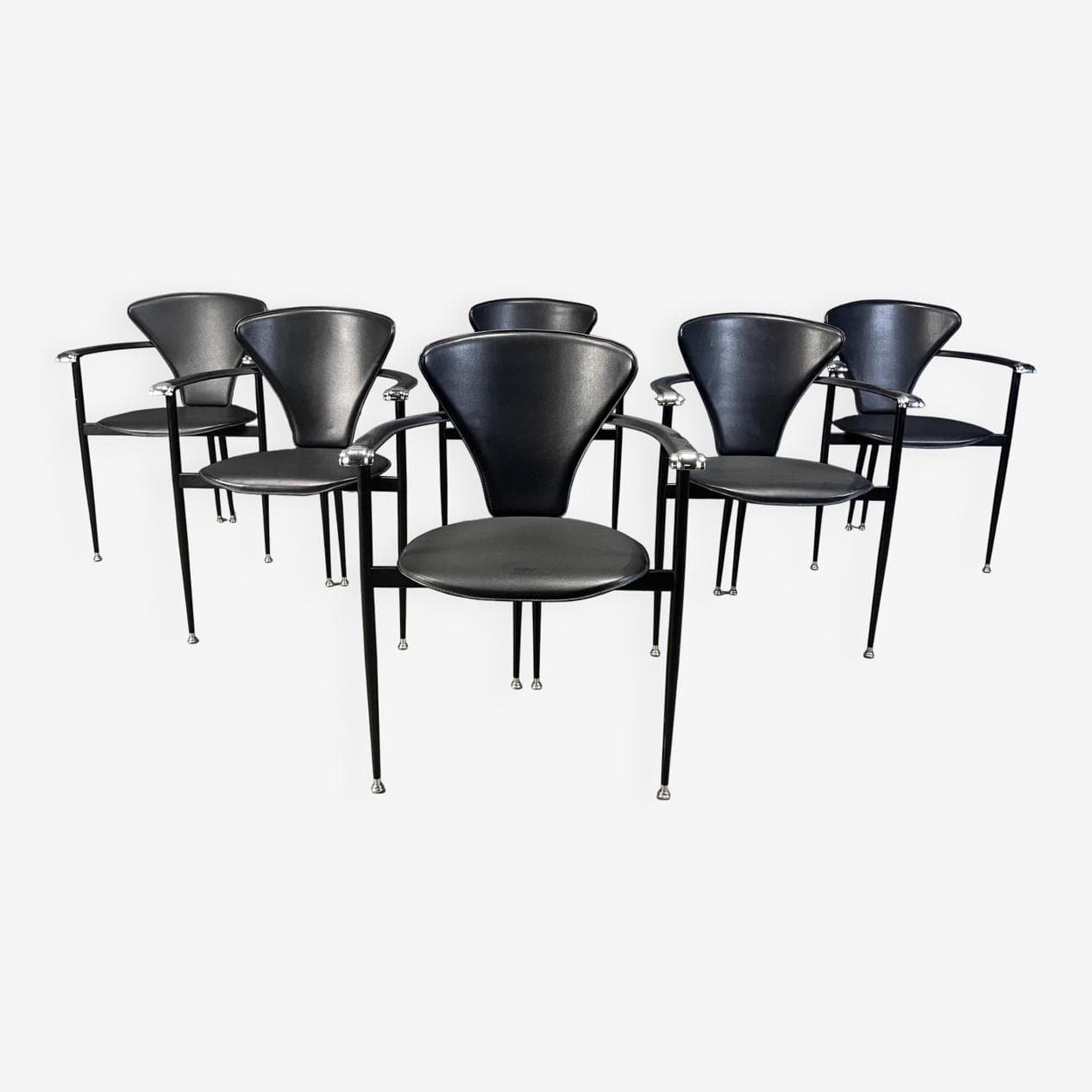 Set of Six Dining Chairs, black leather, black metal, Arrben, Italy, 1980s. - 275047