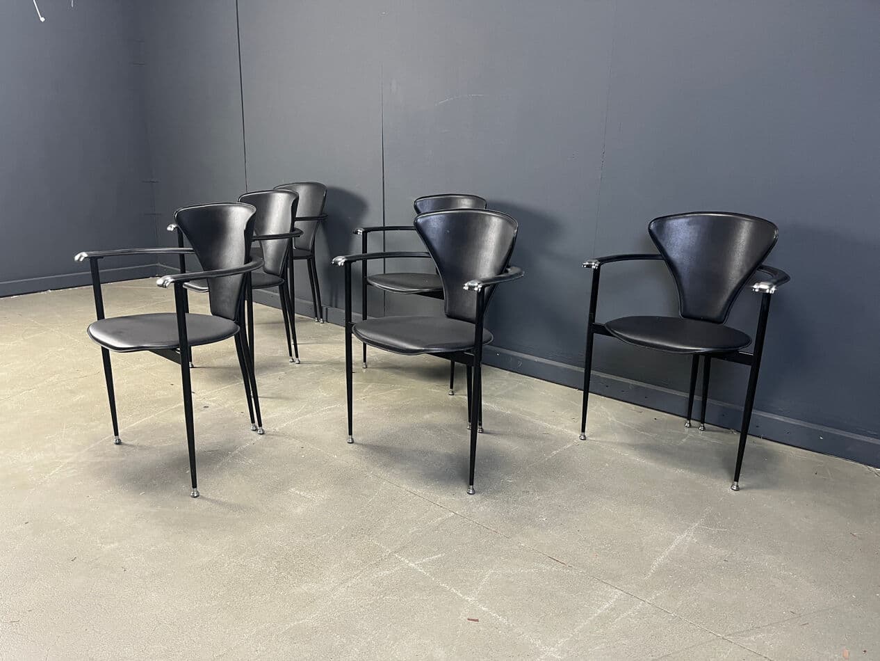 Set of Six Dining Chairs, black leather, black metal, Arrben, Italy, 1980s. - 275052