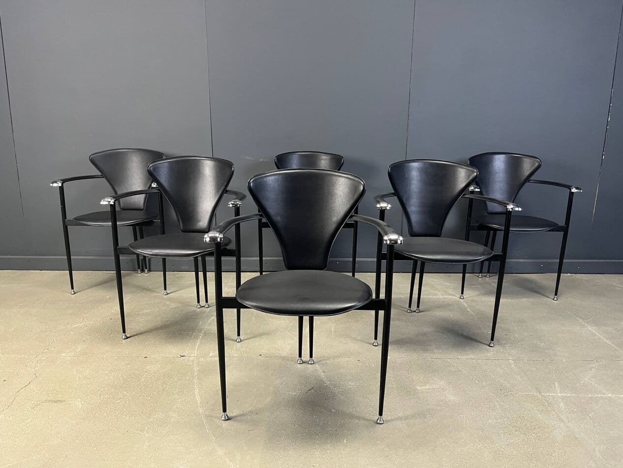 Set of Six Dining Chairs, black leather, black metal, Arrben, Italy, 1980s. - 275055