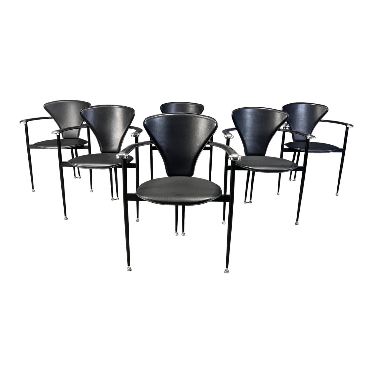 Set of Six Dining Chairs, black leather, black metal, Arrben, Italy, 1980s.