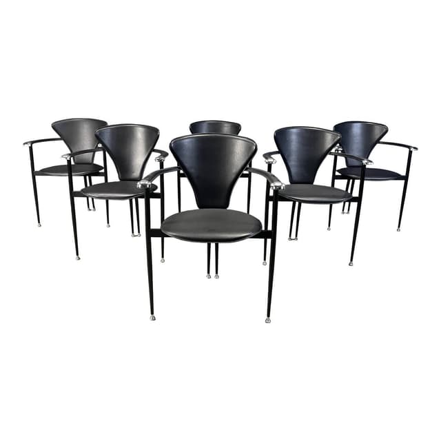 Set of Six Dining Chairs, black leather, black metal, Arrben, Italy, 1980s. - DIMENSION