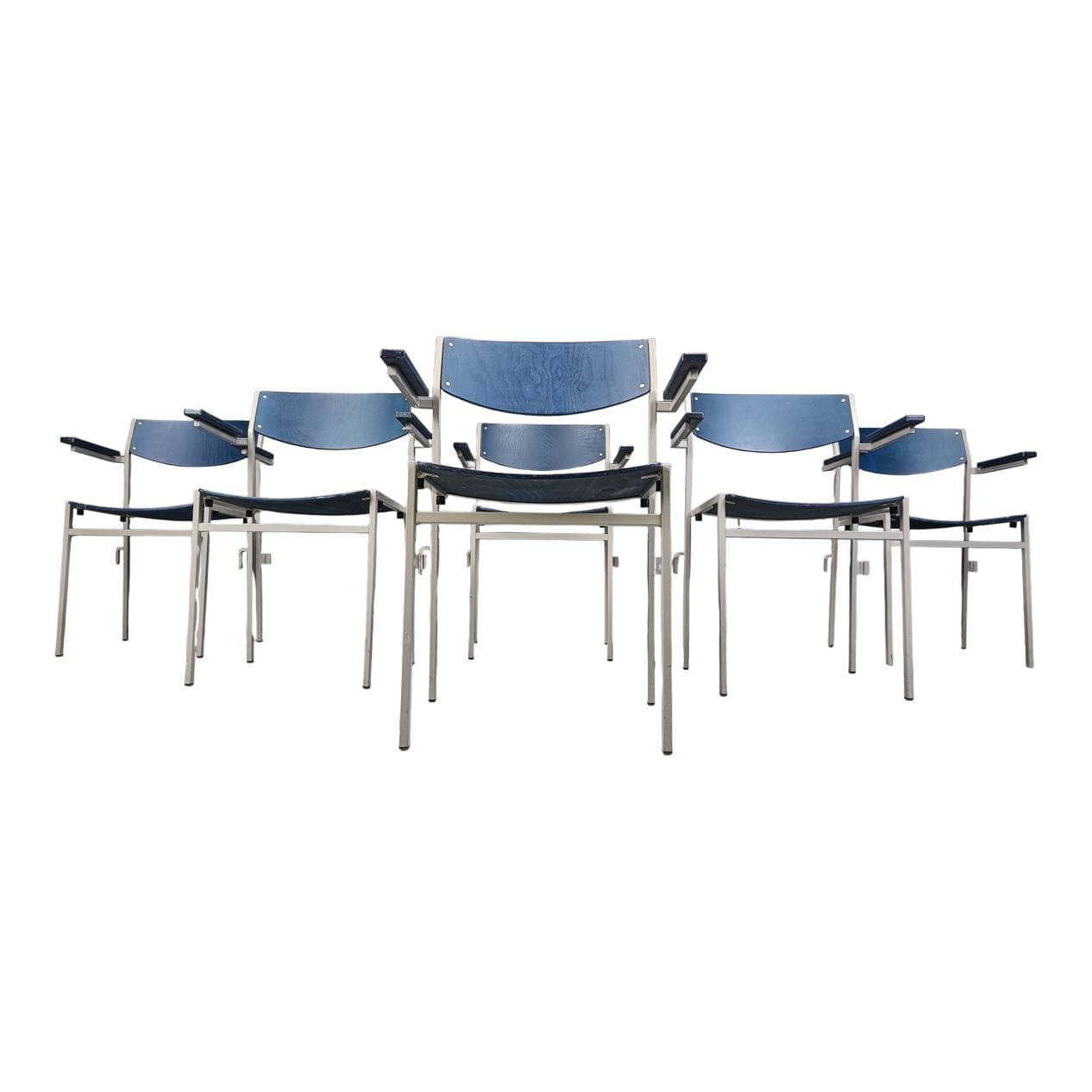Zestaw sześciu foteli z podłokietnikami, niebieski, proj. G. Van Der Sluis, Holandia, lata 60.