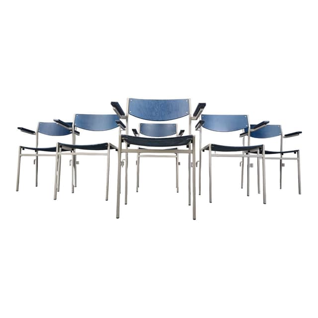 Zestaw sześciu foteli z podłokietnikami, niebieski, proj. G. Van Der Sluis, Holandia, lata 60. - WYMIARY
