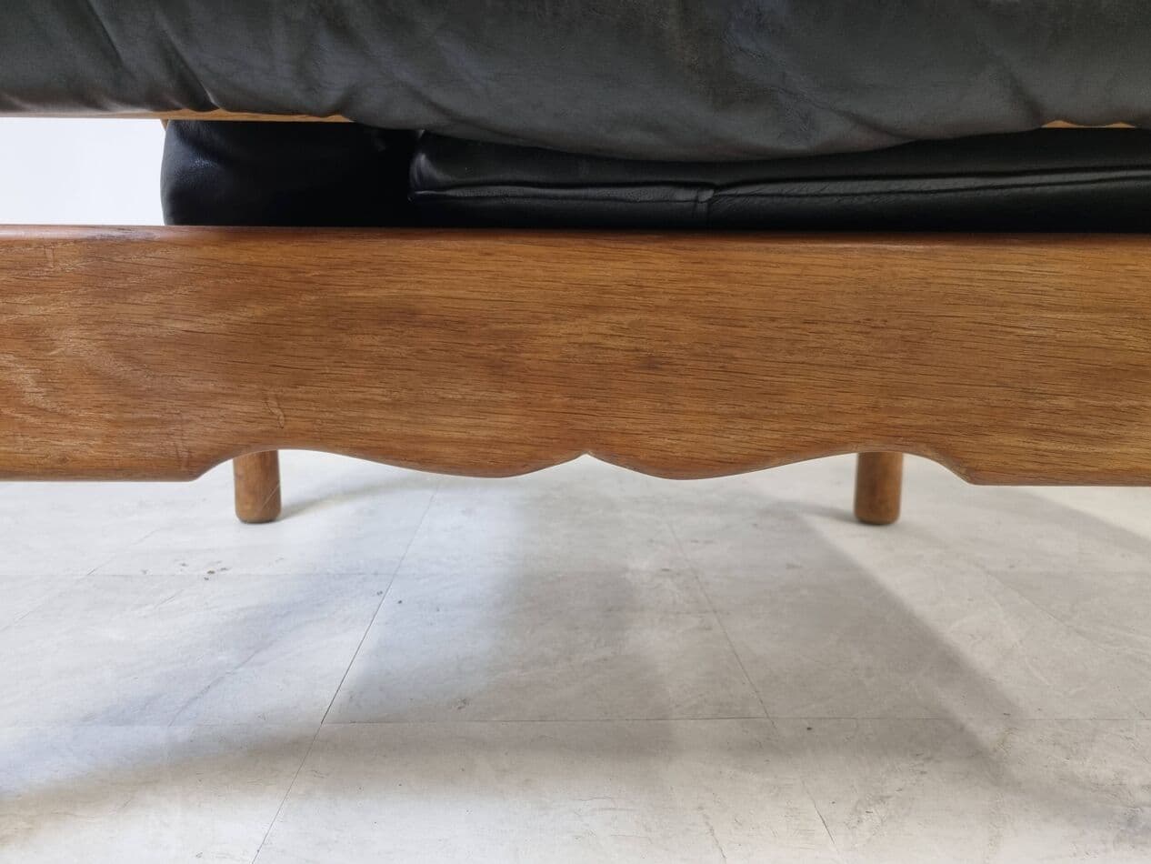 Zestaw wypoczynkowy brutalistyczny, skóra czarna, dąb, Niemcy, lata 70. - 274990