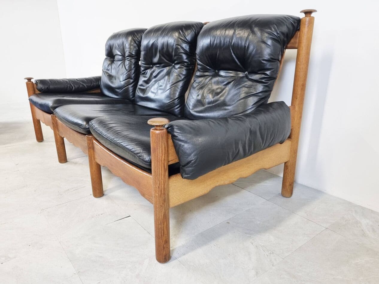 Zestaw wypoczynkowy brutalistyczny, skóra czarna, dąb, Niemcy, lata 70. - 274986