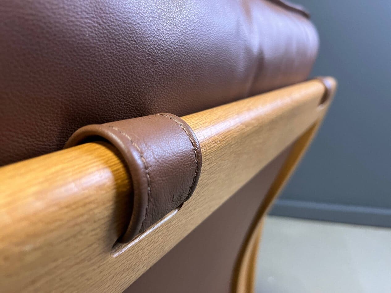 Trzyczęściowy zestaw wypoczynkowy Scala, skóra brązowa, dąb jasny, Belgia, lata 70. - 274860