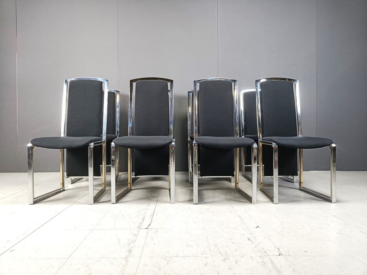 Zestaw ośmiu krzeseł jadalnianych, tkanina czarna, chrom, mosiądz, Belgia, lata 70. - 274844
