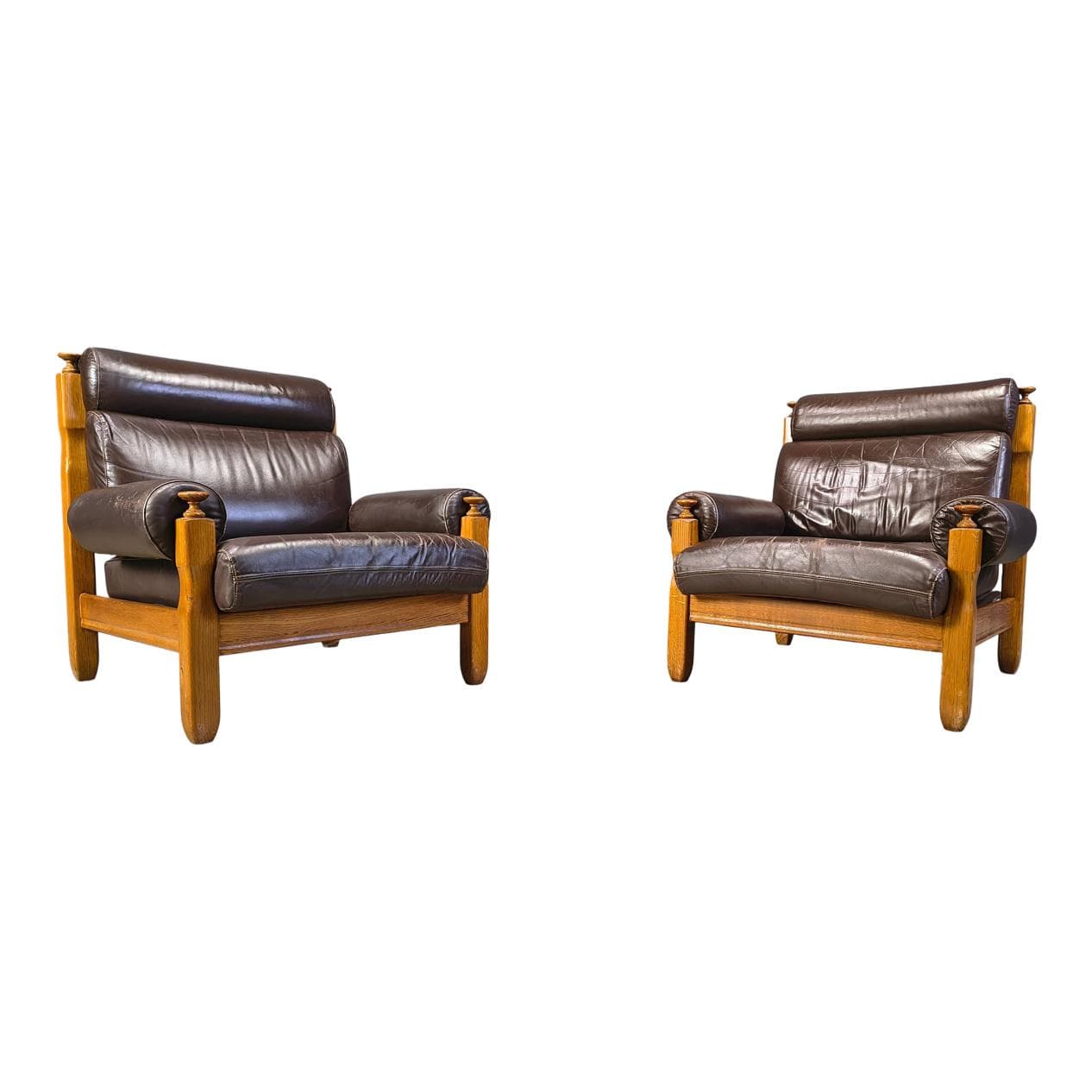 para foteli, skóra brązowa, dąb, Belgia, lata 60.