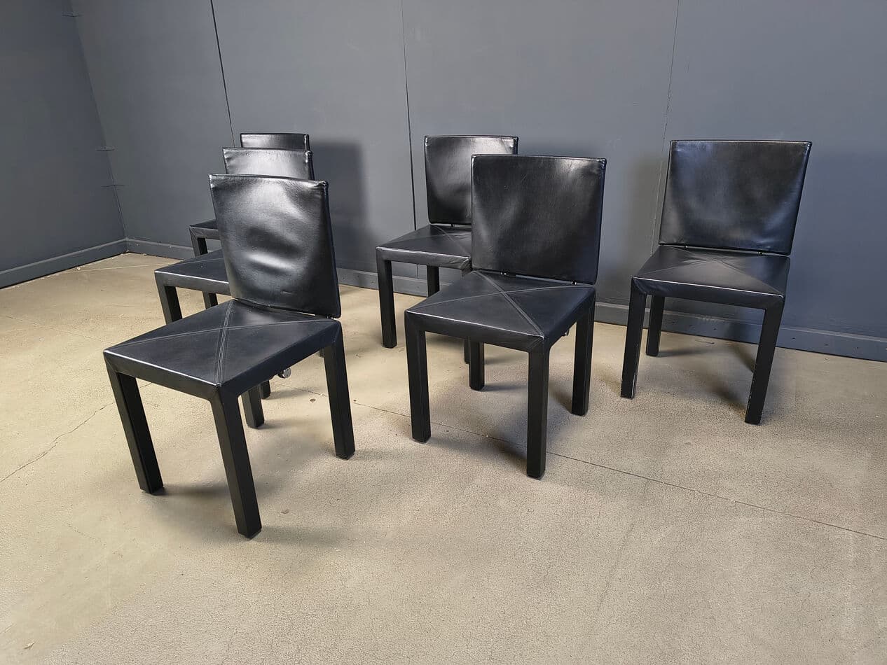 Zestaw sześciu krzeseł jadalnianych Arcadia, skóra czarna, proj. P. Piva, B&B Italia, Włochy, lata 80. - 274744