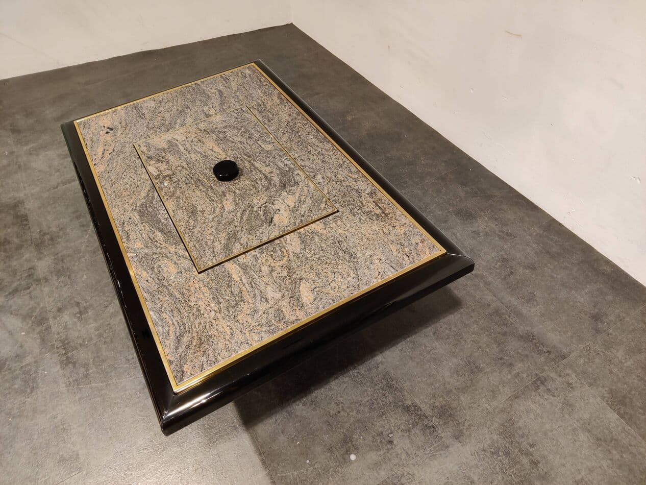 Coffee table with hidden bar, grey granite, black lacquered wood, brass, glass, Belgium, 1980s. - 274672