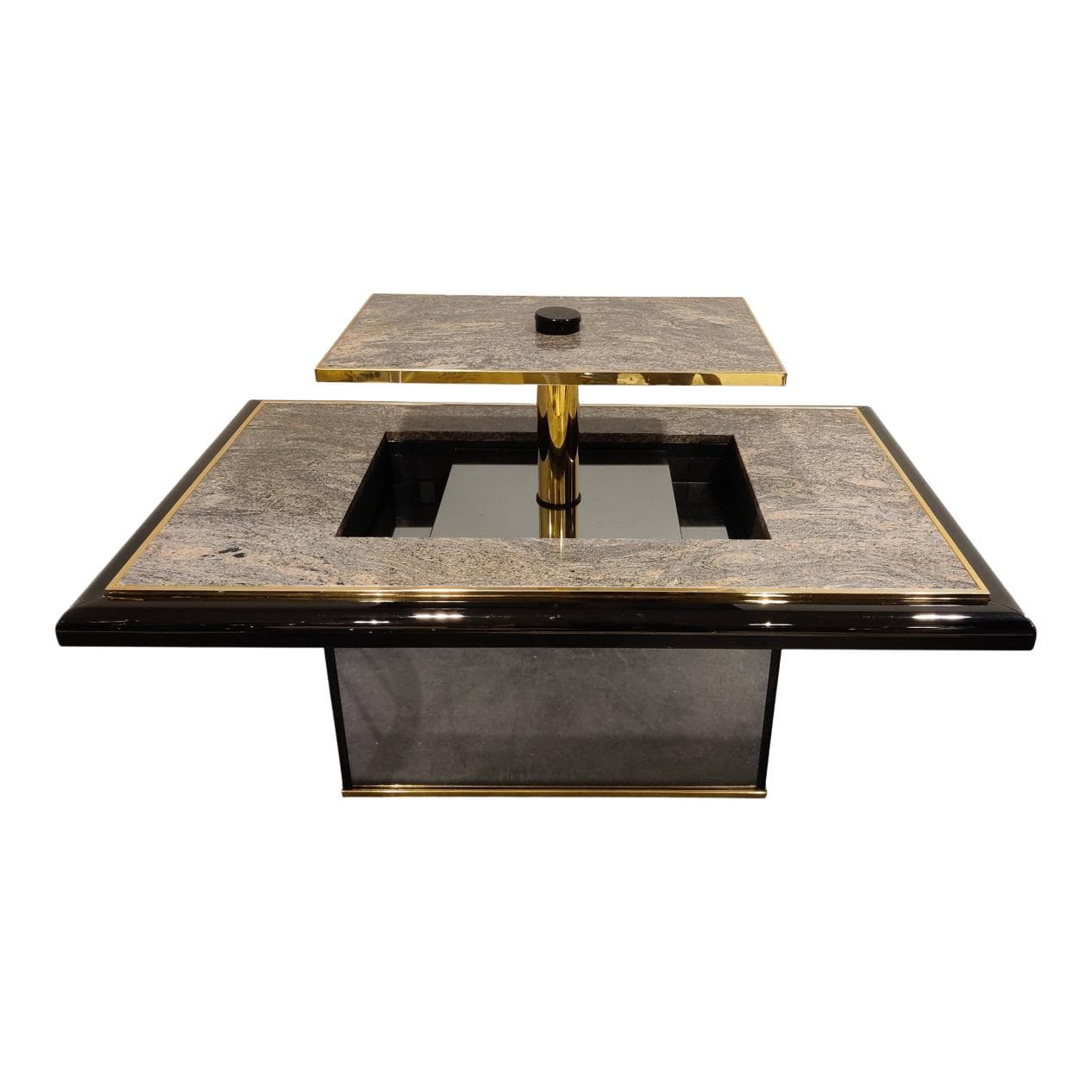 Coffee table with hidden bar, grey granite, black lacquered wood, brass, glass, Belgium, 1980s.