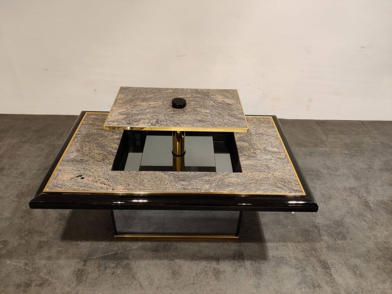 Coffee table with hidden bar, grey granite, black lacquered wood, brass, glass, Belgium, 1980s. - 274669
