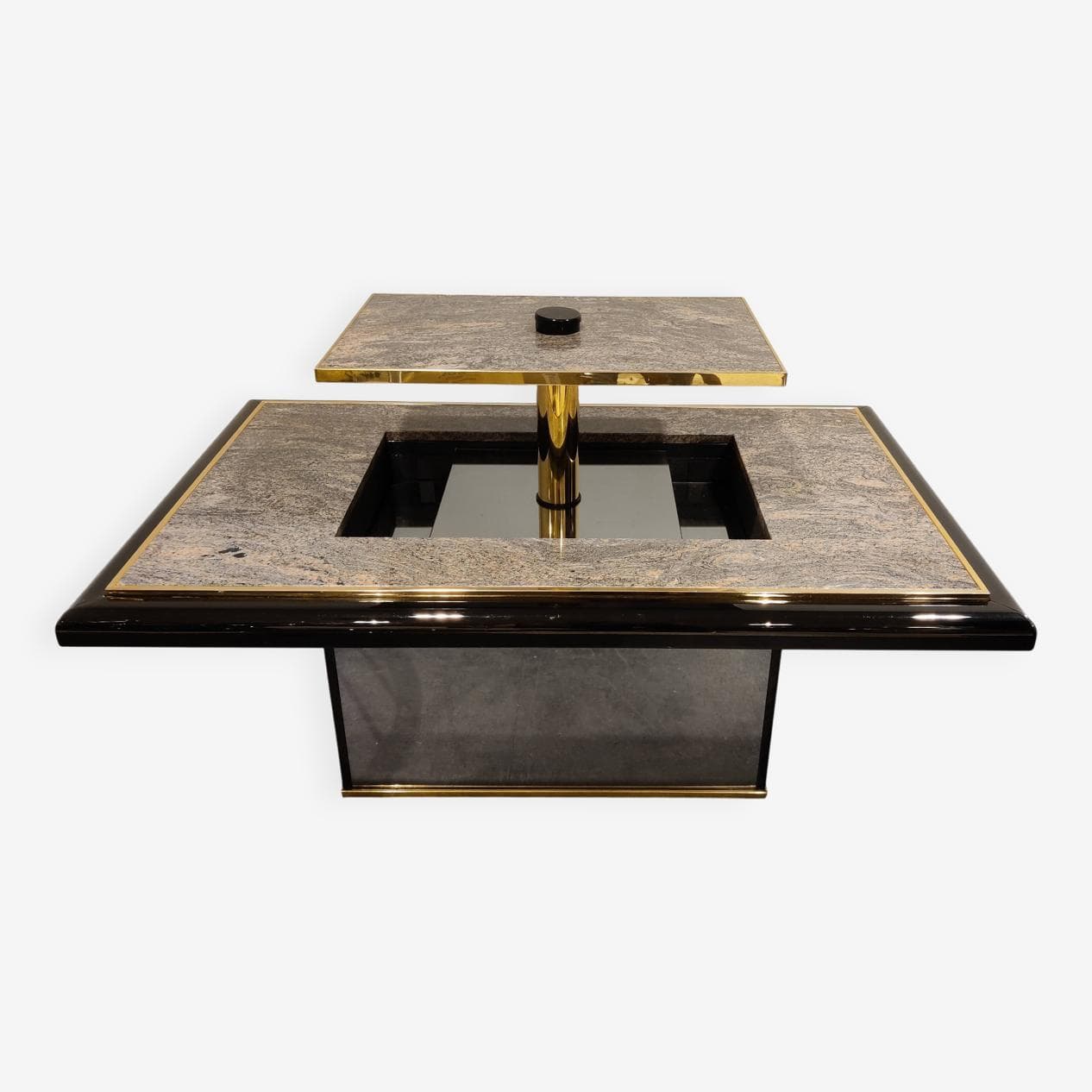 Coffee table with hidden bar, grey granite, black lacquered wood, brass, glass, Belgium, 1980s. - 274667