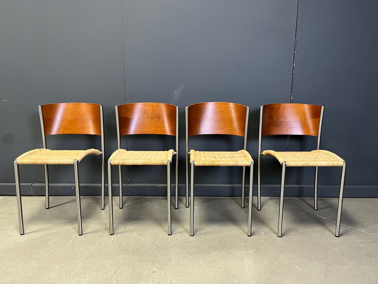 Zestaw czterech krzeseł jadalnianych, drewno brązowy, wiklina beżowa, chrom, Włochy, lata 80. - 274598