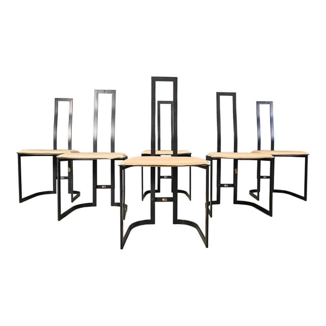 Zestaw sześciu krzeseł jadalnianych, skóra beżowa, metal czarny, proj. G. Rinaldi, Thema, Włochy, lata 80. - WYMIARY