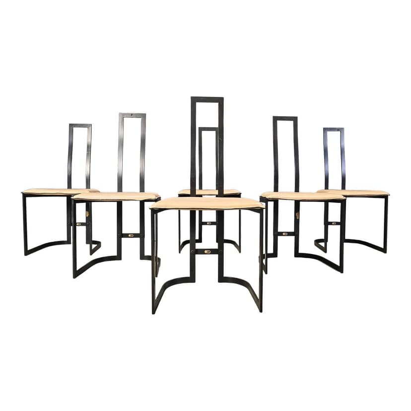 Zestaw sześciu krzeseł jadalnianych, skóra beżowa, metal czarny, proj. G. Rinaldi, Thema, Włochy, lata 80.