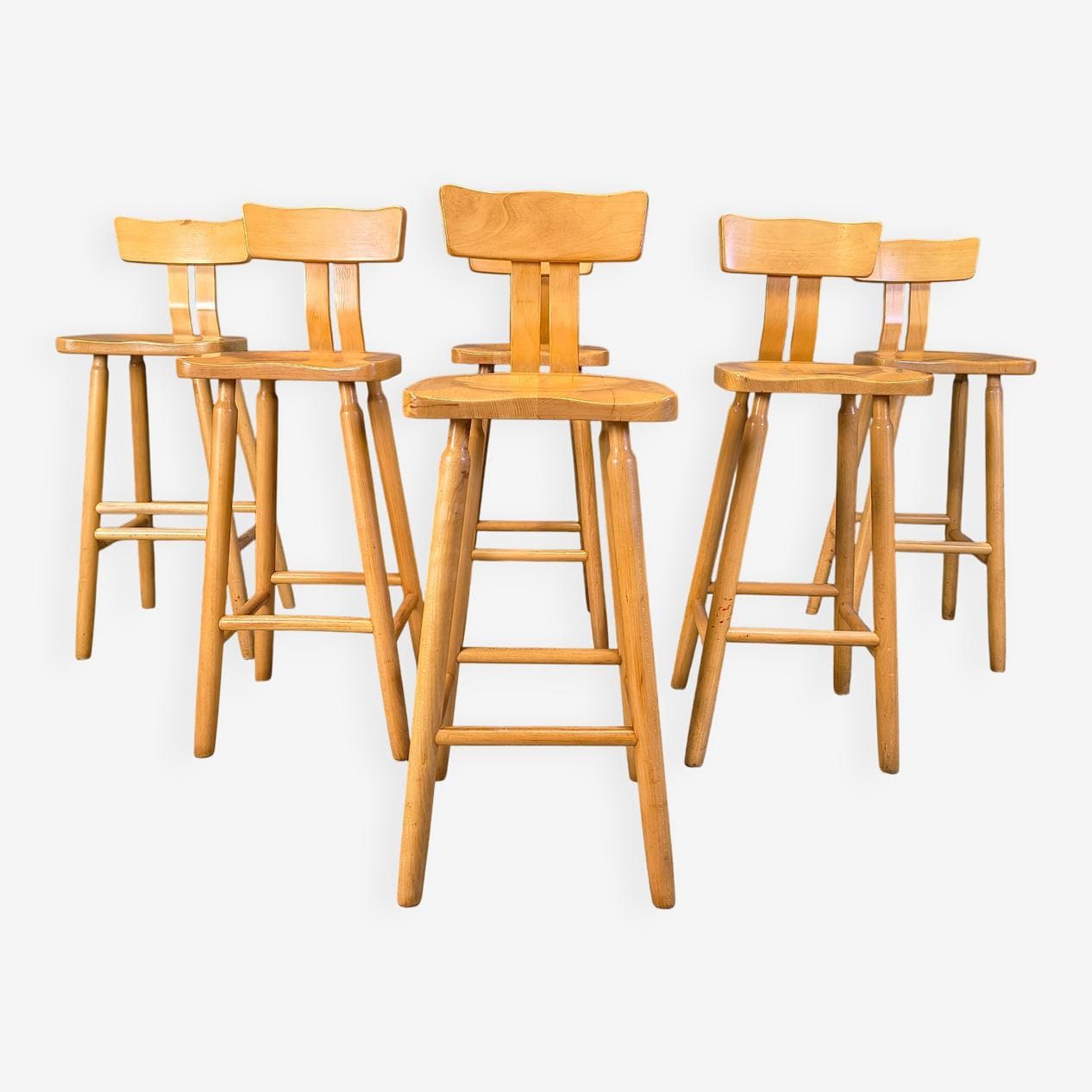 Zestaw sześciu stołków barowych brutalistycznych, dąb brązowy, Belgia, lata 60. - 274522