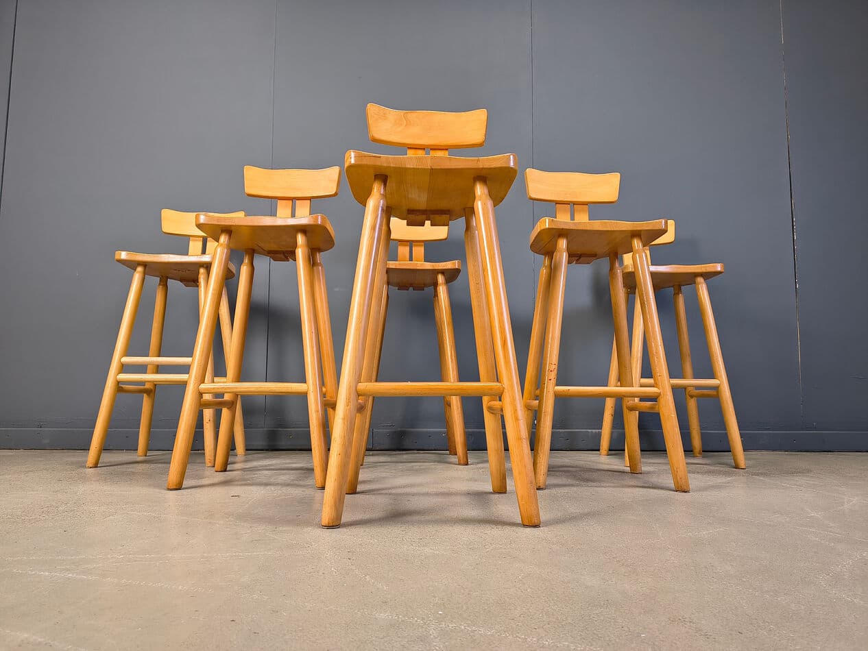 Zestaw sześciu stołków barowych brutalistycznych, dąb brązowy, Belgia, lata 60. - 274525
