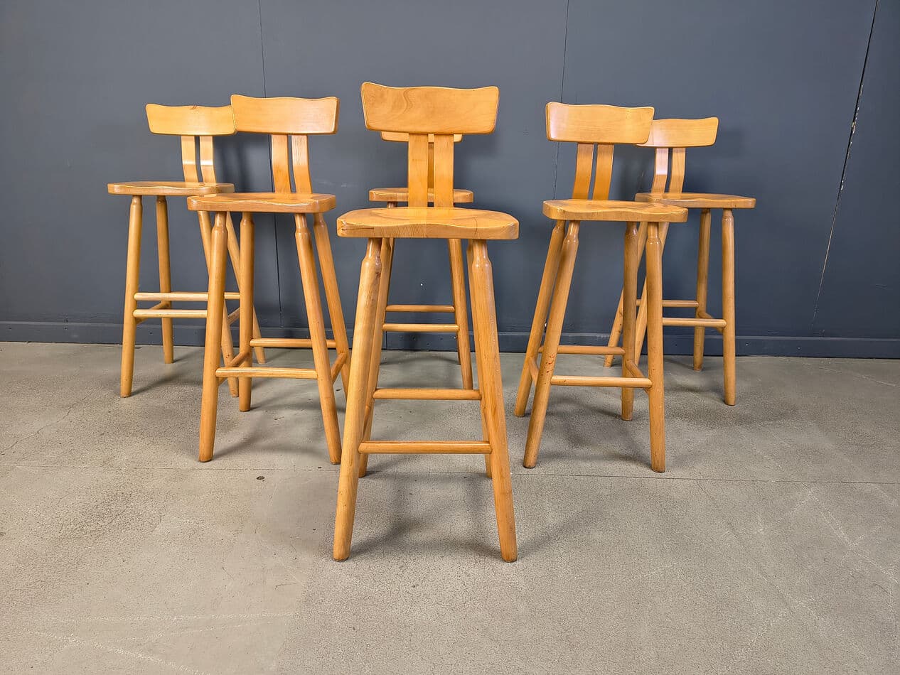 Zestaw sześciu stołków barowych brutalistycznych, dąb brązowy, Belgia, lata 60. - 274521