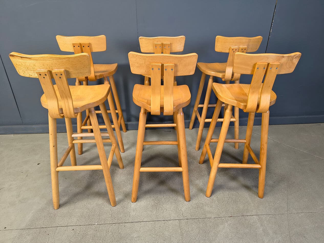 Zestaw sześciu stołków barowych brutalistycznych, dąb brązowy, Belgia, lata 60. - 274517