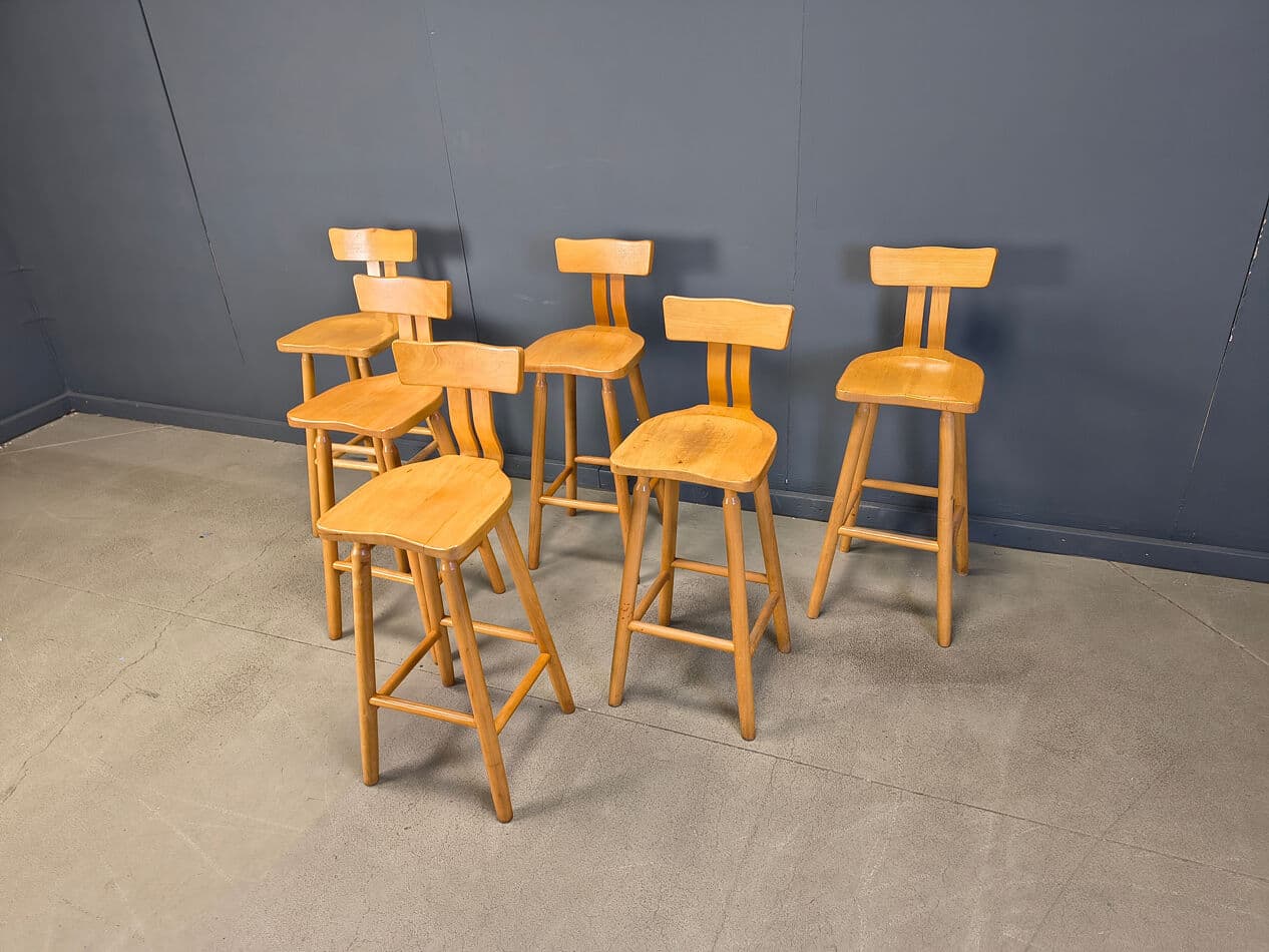 Zestaw sześciu stołków barowych brutalistycznych, dąb brązowy, Belgia, lata 60. - 274528