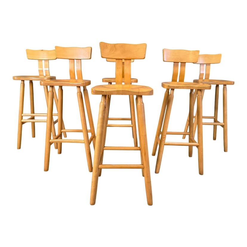 Zestaw sześciu stołków barowych brutalistycznych, dąb brązowy, Belgia, lata 60.