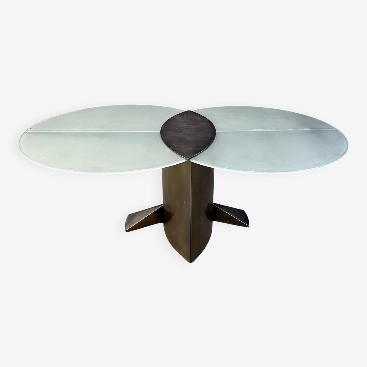 Stół jadalniany postmodernistyczny, szkło matowe, aluminium szczotkowany, mosiądz ciemny, Belgochrom, Belgia, lata 80. - 274456