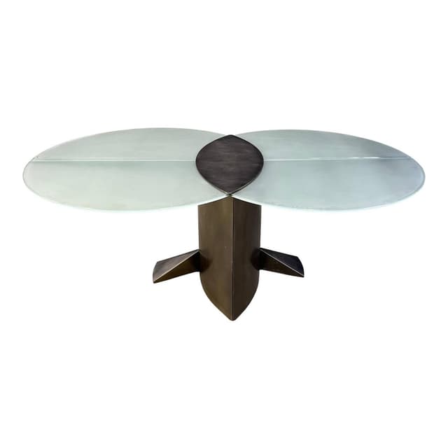 Stół jadalniany postmodernistyczny, szkło matowe, aluminium szczotkowany, mosiądz ciemny, Belgochrom, Belgia, lata 80. - WYMIARY