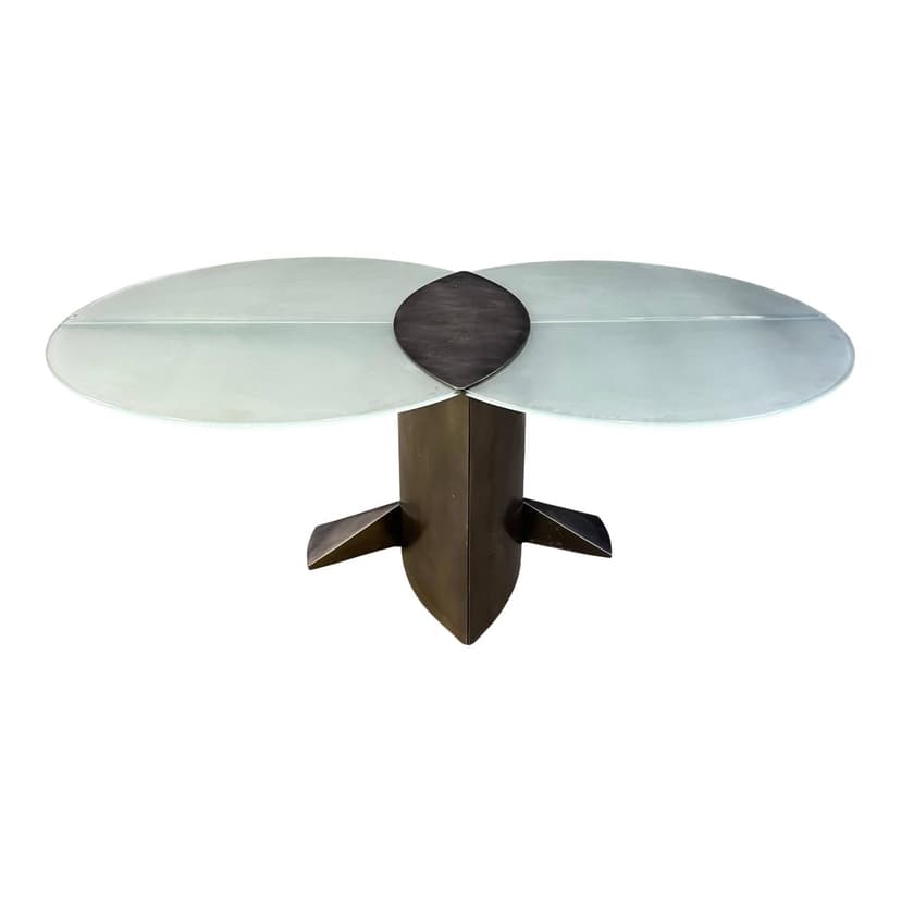 Stół jadalniany postmodernistyczny, szkło matowe, aluminium szczotkowany, mosiądz ciemny, Belgochrom, Belgia, lata 80.