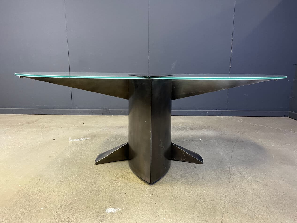 Stół jadalniany postmodernistyczny, szkło matowe, aluminium szczotkowany, mosiądz ciemny, Belgochrom, Belgia, lata 80. - 274464