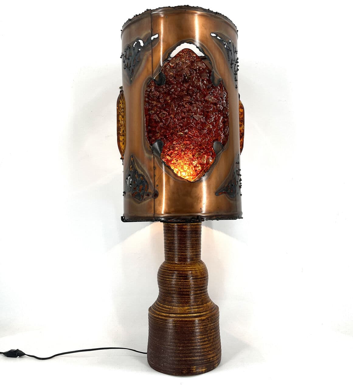 Lampa stołowa XL, brązowy, ceramika, miedź, szkło barwione, Francja, lata 70. - 274441