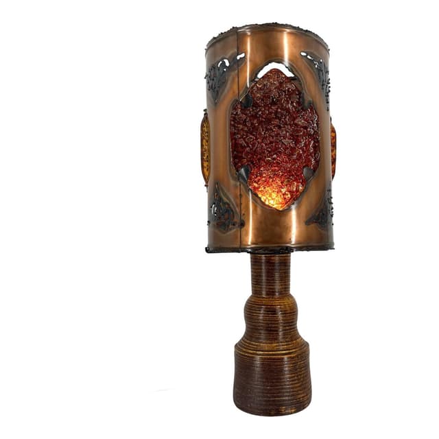 Lampa stołowa XL, brązowy, ceramika, miedź, szkło barwione, Francja, lata 70. - WYMIARY