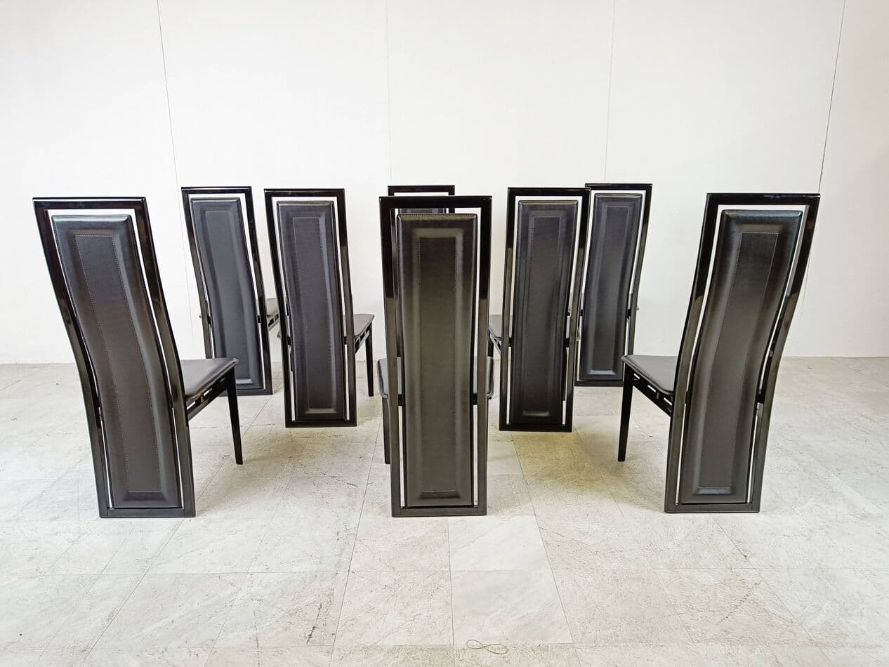 Set of eight dining chairs, black, wood, leather, by A. Sibau, Italy, 1980s. - 274367