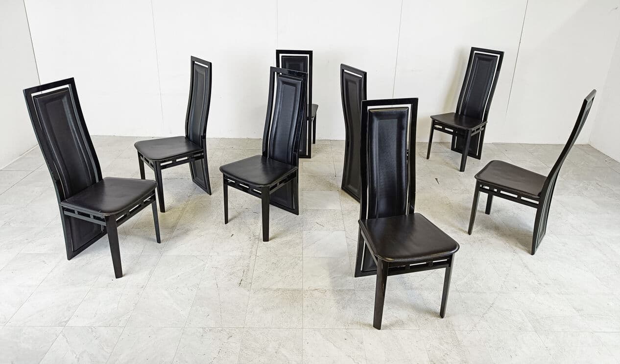 Set of eight dining chairs, black, wood, leather, by A. Sibau, Italy, 1980s. - 274363