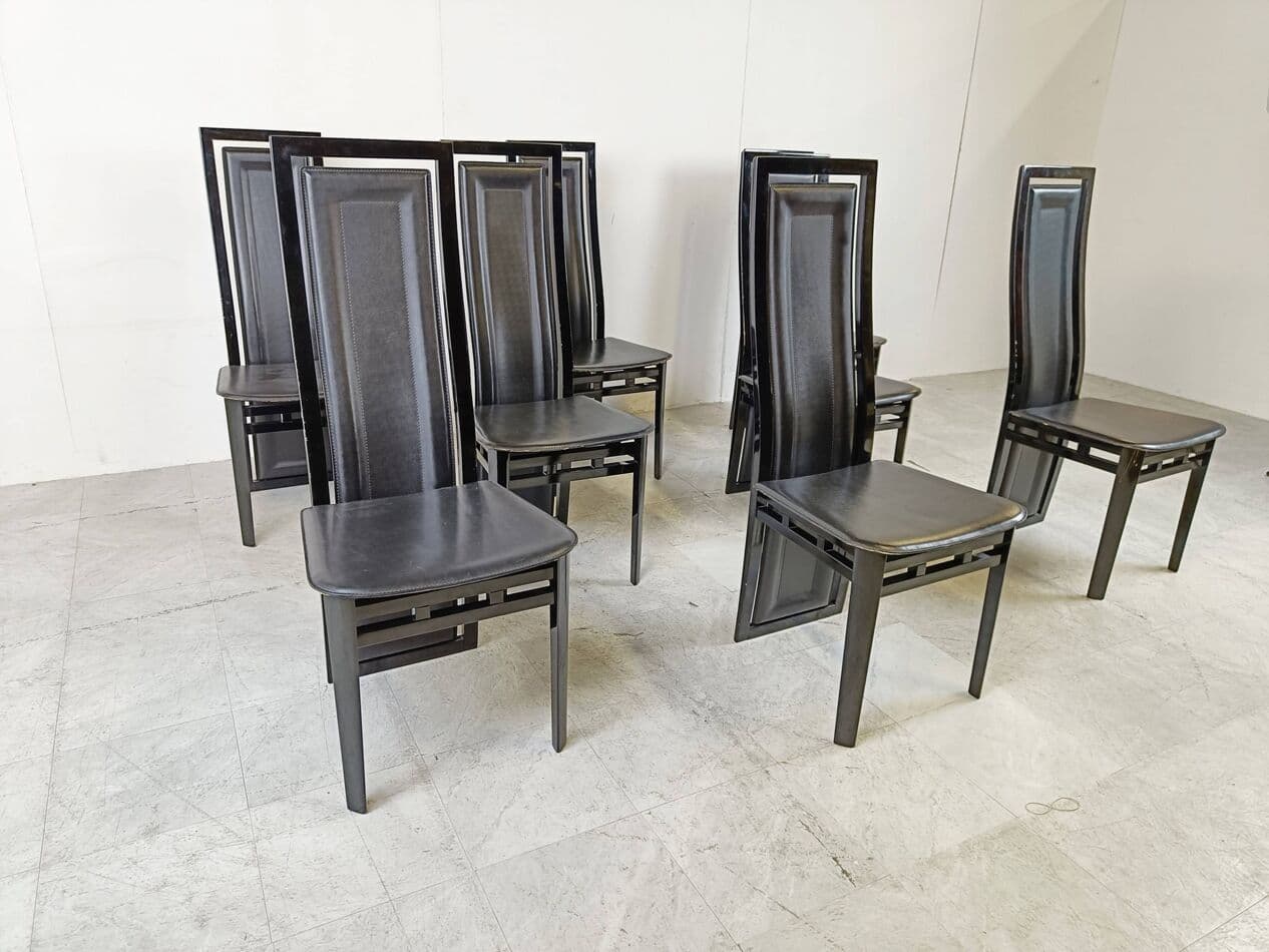 Set of eight dining chairs, black, wood, leather, by A. Sibau, Italy, 1980s. - 274366